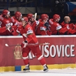 OSTRAVA, CZECH REPUBLIC - MAY 2: Belarus' Andrei Stas #23 high fives the bench after scoring Team Belarus' first goal of the game against Team Slovenia during preliminary round action at the 2015 IIHF Ice Hockey World Championship. (Photo by Richard Wolowicz/HHOF-IIHF Images)

